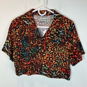 URBAN OUTFITTERS Short Sleeve Button Down Colorful Leopard Print Crop Top